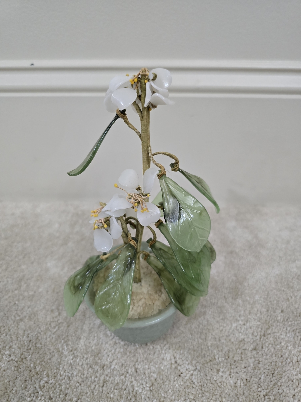 Handcrafted White Glass Blossom Table Accent with Green Leaves